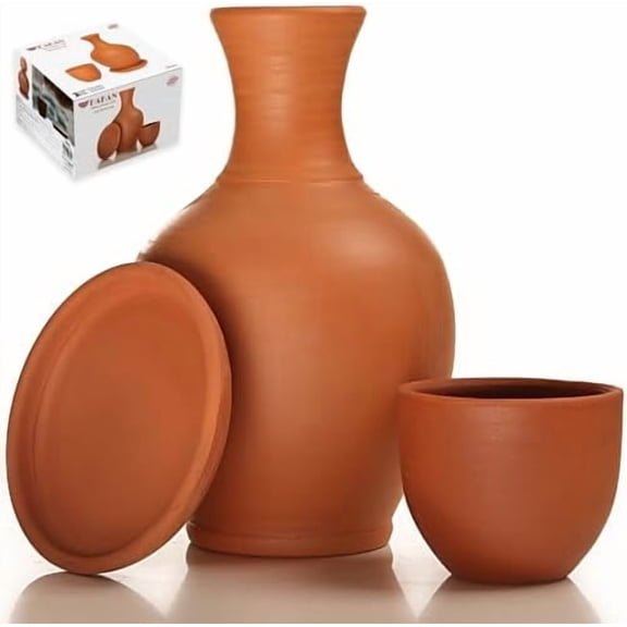 Terracotta Mud Jugs with Mug and Platter, Earthen Water Carafe Set, Pottery Jar for Drinking Water, 76 oz$$Home Decor, Kitchen, & Other