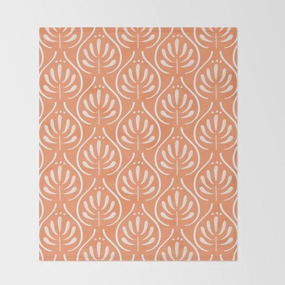 Terracotta Orange and White Stylized Leaf Pattern Fleece Blanket, Polyester Fleece Fabric, 280 GSM
