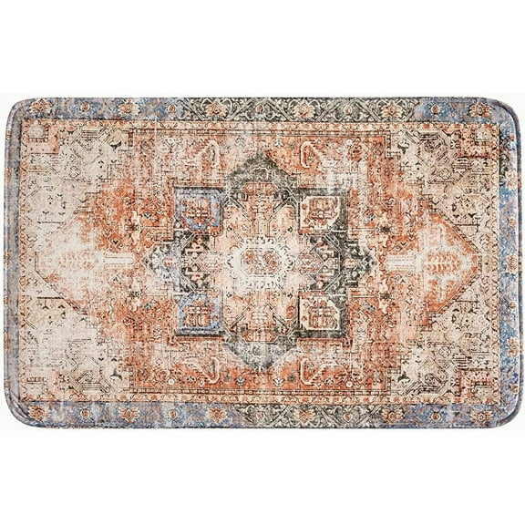 Terracotta Oriental Persian Bathroom Rugs with Thicken Non-Slip Rubber Backing, Boho Tribal Vintage Traditional Soft Velvet Absorbent Foam Bath Mat Rug Washable, Quick Drying 24"x16"