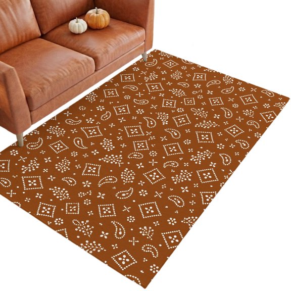 Terracotta Paisley 3'x5' Entryway Rugs for Bedroom Foot of Bedside Small Living Room, Fall Amber Icons Bandana Grid Rustic Washable Mats Non Slip Rectangle Area Rug