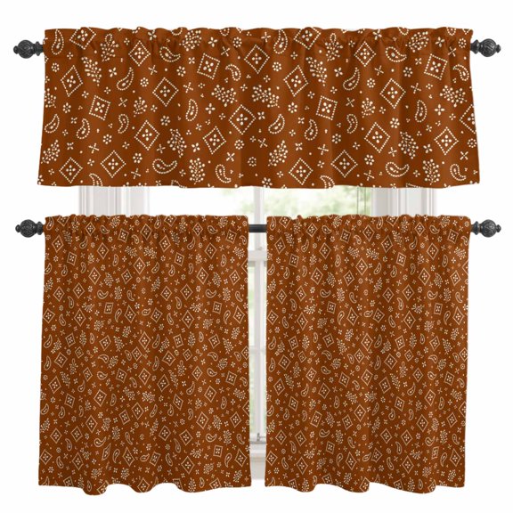Terracotta Paisley Kitchen Curtains Valance and Tier Set Fall Amber Icons Bandana Grid Rustic Rod Pocket Short Curtains for Small Window 3 Pieces Set for Bedroom Bathroom Cafe (54" x 18"+27" x 36")