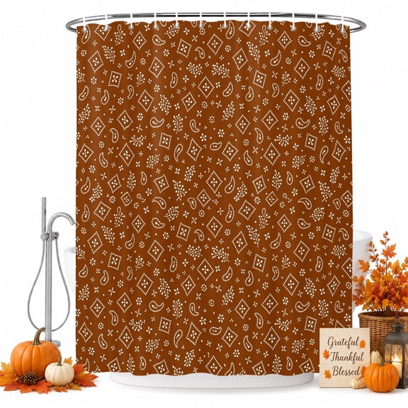 Terracotta Paisley Shower Curtain Set with Hooks, Fall Amber Icons Bandana Grid Rustic Sturdy Water Repellent Shower Curtains for Bathroom Bathtub, Machine Washable 36x72 Inch