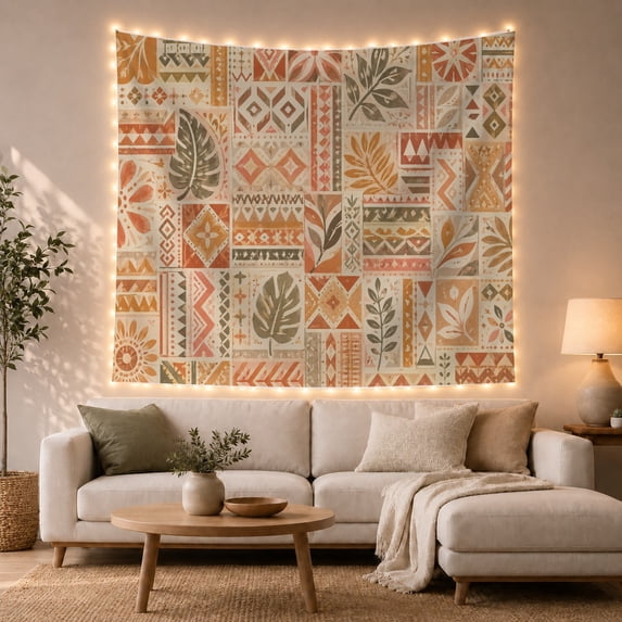 Terracotta Patchwork with Leaf Bands, Nostalgic Folk Art for Boho Decor Lovers, Botanical Mosaic Wall Art, Housewarming Gift, Tapestry Wall Hanging for Living Room and Bedroom