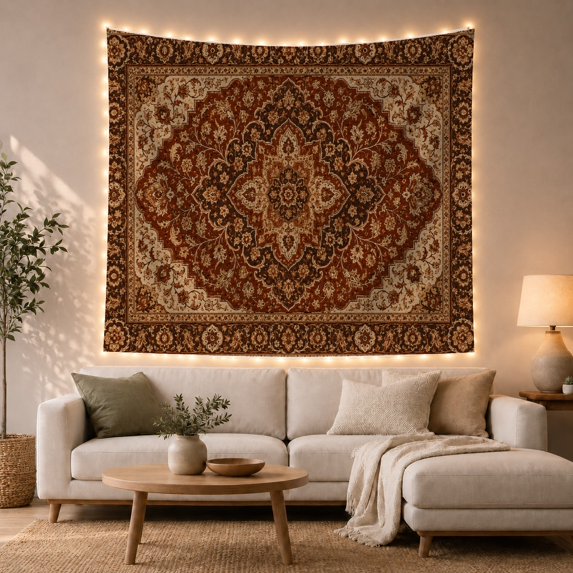 Terracotta Persian Medallion in Ornate Field, Warm Vintage Illustration for Boho Decor Lovers, Bohemian Wall Art, Housewarming Gift, Tapestry Wall Hanging for Bedroom and Dorm