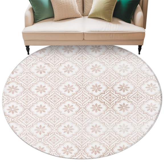 Terracotta Petals Round Rug 6ft Washable Circle Kitchen Rugs Non Slip Abstract Floral Grids Boho Mediterranean Large Area Rug Indoor Floor Carpet for Bedroom Living Room Office Dining Room Nursery