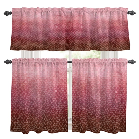Terracotta Pink Mosaic Kitchen Curtains and Valances Set, Minimalist Abstract Hexagonal Grid Gradient Rod Pocket Window Valance Window Curtain Panels for Living Room Bedroom, 27.5x24in, 3 Pieces