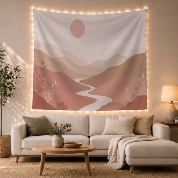 Terracotta Pink Mountain Landscape with Muted Sun and River, Calming Abstract for Nature Lovers, Rustic Home Decor Art, Housewarming Gift Tapestry Wall Hanging for Living Room and Bedroom