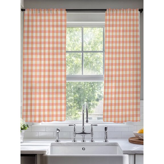 Terracotta Plaid Window Sheer Curtain Classic Pink Black Grids Squares Checkers Semi Curtain Sheers Light Filtering Rod Pocket Voile Drapes for Bedroom Kitchen Living Room 52 X 63 Inch, 2 Panels
