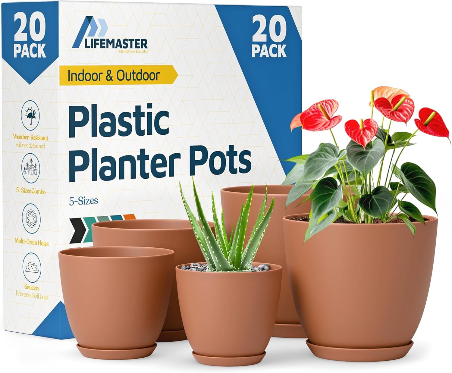 Terracotta Plant Pots with Drainage Holes & Saucers 20 Packs, Indoor & Outdoor Stackable Plastic Planters in Multiple Sizes for Houseplants & Flowers, Durable & Weatherproof Materials, Matte Finish