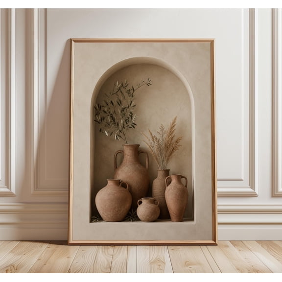 Terracotta Pot Wall Art Print, Mediterranean Arched Still Life Poster, Neutral Clay Vase, Rustic Kitchen Decor , Poster Print Only