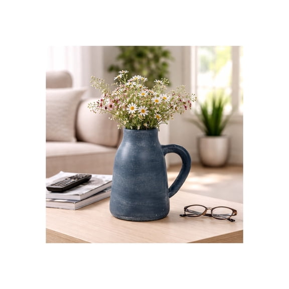 Terracotta Vase with Handle for Living Room Decor - Decorative Flower Vase for Bedroom, House Display, and Office Desk - Modern Home Accent for Dining Room Table Centerpiece - 9", Blue