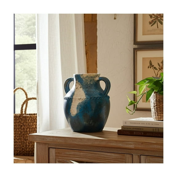 Terracotta Pottery Vase - Handcrafted Rustic Decorative Vase - Casual Home Style - Perfect for Home, Office, Bedroom, Living Room - 10" Blue & Ivory