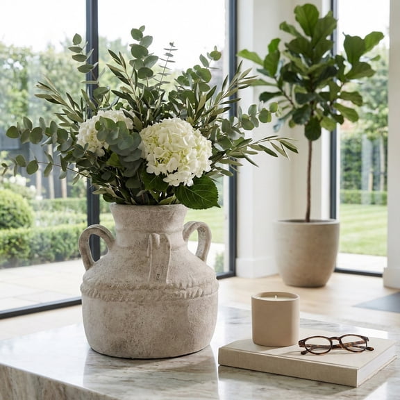 Terracotta Triple Handle Vase for Living Room Decor - Casual Home Decor Accent for Entryway, Bedroom, and Office Shelf - Decorative Flower Vase for House and Dining Room Table - 13", Ivory & Tan