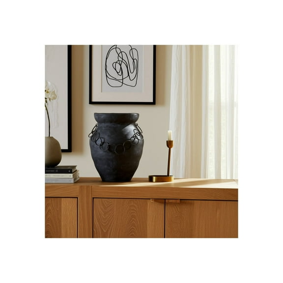 Terracotta Pottery Vase with Metal Chain Accent - Handmade Rustic Decorative Flower Pot for Home, Office, Bedroom, Living Room - Casual Style - 12" Black