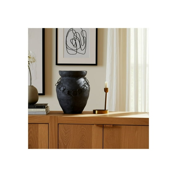 Terracotta Pottery Vase with Metal Chain Accent - Handmade Rustic Decorative Flower Pot for Home, Office, Bedroom, Living Room - Casual Style - 12" Black