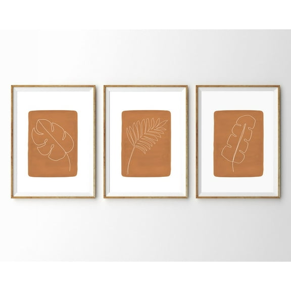 Terracotta Prints Botanical Line Art Burnt Orange Watercolour Monstera Set 3 Unframed Paper Print 20x30