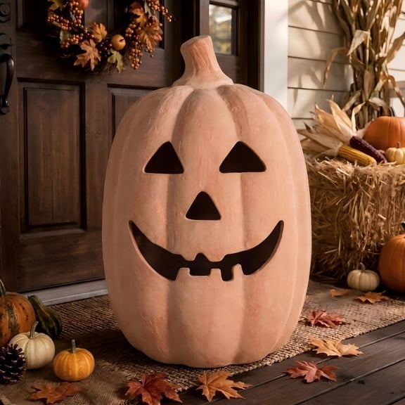 NUPTIO Terracotta Pumpkin Light Up Jack O Lantern: 15" H Handmade Halloween Lantern Fall Decor Front Porch , Patio, Tabletop Mantel, Indoor Outdoor