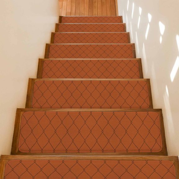 Terracotta Quilted Lines Non-Slip Stair Treads for Wooden Steps, 15 Pack 8x30 Inch Carpet Stair Mats with Adhesive Backing, Noise-Reducing Step Covers for Indoor Stairs, Easy Install & Residue-Free