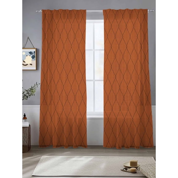 Terracotta Quilted Lines Sheer Curtains 108 inches Long, Minimalist Rhombus Pattern Diamond Grid Light Filtering Sheer Window Curtains Rod Pocket Voile Drapes for Bedroom Living Room, 2 Panels