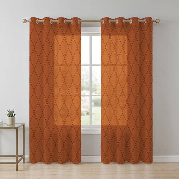 Terracotta Quilted Lines Sheer Curtains 96 Inch Long 2 Panels, Minimalist Rhombus Pattern Diamond Grid Light Filtering Semi Sheer Drapes Grommet Voile Window Curtain for Living Bedroom W52 x L96
