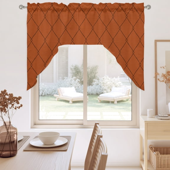 Terracotta Quilted Lines Swag Valance for Windows, Minimalist Rhombus Pattern Diamond Grid Swag Curtains Valances for Small Window Treatment Rod Pocket for Kitchen Bathroom 1 Panel 56x36in