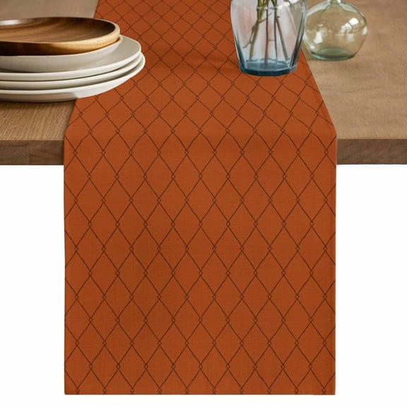 Terracotta Quilted Lines Table Runner, Minimalist Rhombus Pattern Diamond Grid Cotton Linen Table Cloth, Tablerunner for Kitchen Dining Party Wedding Home Decor 13x36 Inch