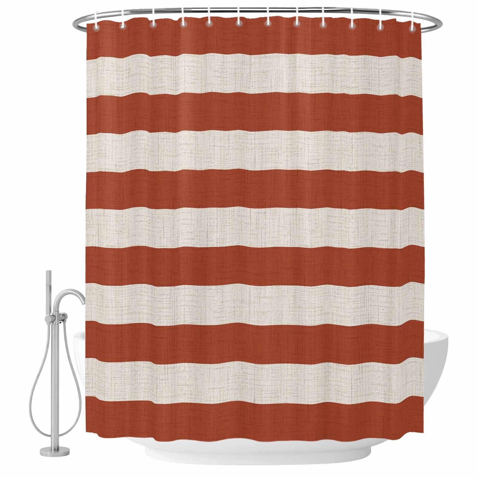 Polyyester Texture Terracotta Red Beige Striped Shower Curtain - Water Repellent Fabric ...