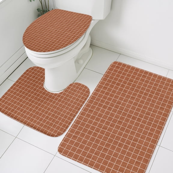 Terracotta Red Gingham Bathroom Rugs Sets 3 Piece, Vintage Minimalist Vertical Warp Grid Absorbent Non-Slip Rug, Toilet Lid Cover and Bath Floor Carpet Small Size