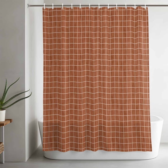 Terracotta Red Gingham Shower Curtain, Vintage Minimalist Vertical Warp Grid Waterproof Washable Bath Fabric Shower Curtains Set with 12 Hooks for Bathroom Bathtub Decoration 36x72in