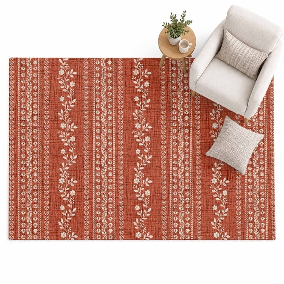 Red Texture Home Terracotta Red Stripe Washable Living Room Rugs 5'x8', Minimalist ...