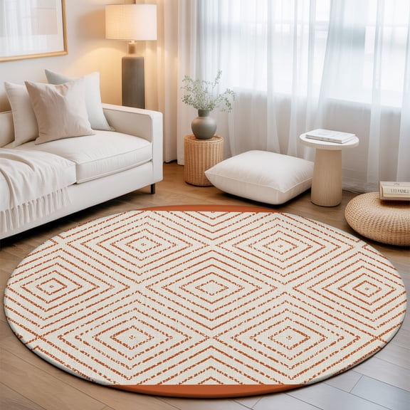 Terracotta Rhombus Frames Small Round Rug 3Ft Minimalist Boho Concentric Lines Area Rugs Washable Non Slip Indoor Floor Mats Circle Carpet for Living Room Bedroom Dining Room Home Decor