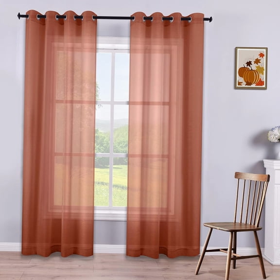 Terracotta Rust Sheer Curtains for Living Room, Faux Linen Light Filtering Window Panels, 52x84 Inch, Set of 2, Grommet Top