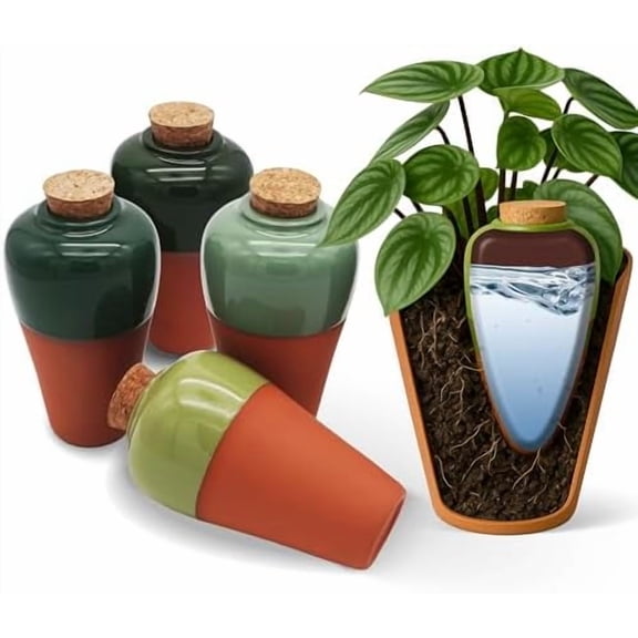 Terracotta Self Watering Planter Insert - Set of 4 Clay Ollas with Slim Bottom for Easy Soil Insertion, Glazed Top, Slow-Release Plant Watering System for Indoor & Outdoor Plants$$Garden &