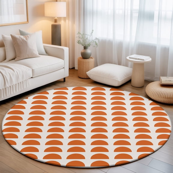 Terracotta Semicircles 7' Round Rug for Living Room Conversation Area, Boho Layered Arcs Orange Terracotta Sunset Washable Non Slip Large Circle Area Rug