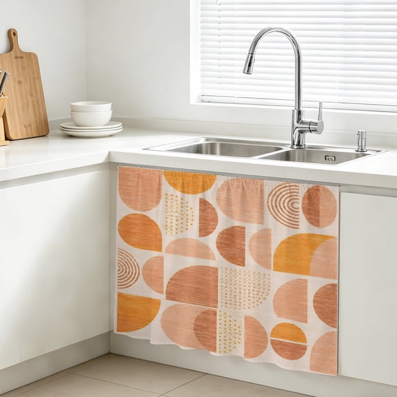 Terracotta Semicircles Cabinet Curtains for Kitchen 10"W x 11"L, Boho Art Modern Geometrics Sunset Mosaic Under Sink Skirt Magic Tape Short Curtain Decorative Privacy Panel for Bathroom Laundry