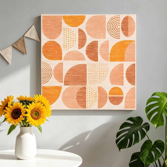 Terracotta Semicircles Canvas Wall Art, Boho Art Modern Geometrics Sunset Mosaic Framed Canvas Wall Decor Picture Print Artwork Decorations for Living Room Office Ready to Hang 12" x 12"