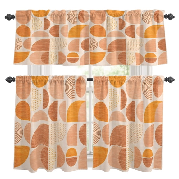 Terracotta Semicircles Kitchen Curtains Valances 3 Piece Set, Boho Art Modern Geometrics Sunset Mosaic Rod Pocket Tier Curtain and Valance Drapes for Small Window 24 Inch Length for Bedroom Cafe