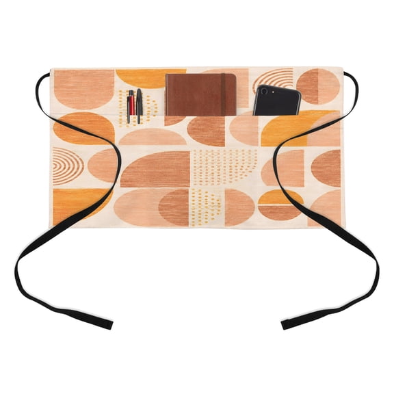 Terracotta Semicircles Kitchen Restaurant Half Waist Apron, Boho Art Modern Geometrics Sunset Mosaic Server Short Apron with 3 Pockets Waterproof Oil Waist Aprons for Women Waitress Waiter