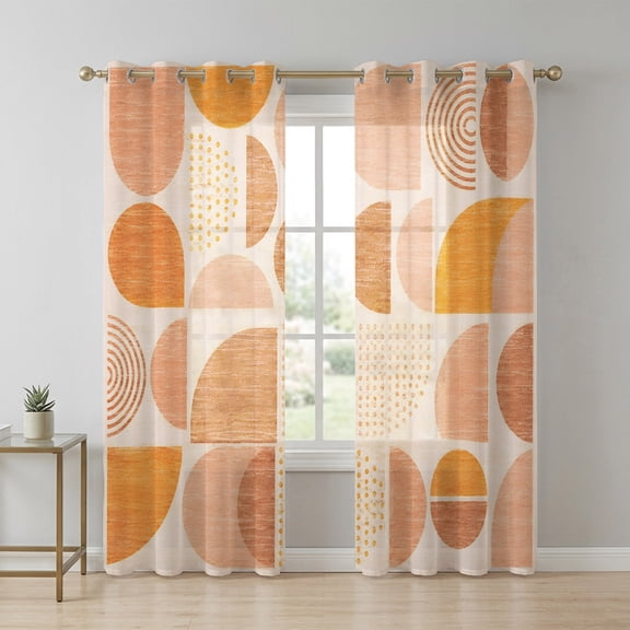 Terracotta Semicircles Sheer Curtains 90 Inch Long 2 Panels, Boho Art Modern Geometrics Sunset Mosaic Light Filtering Semi Sheer Drapes Grommet Voile Window Curtain for Living Bedroom W52 x L90