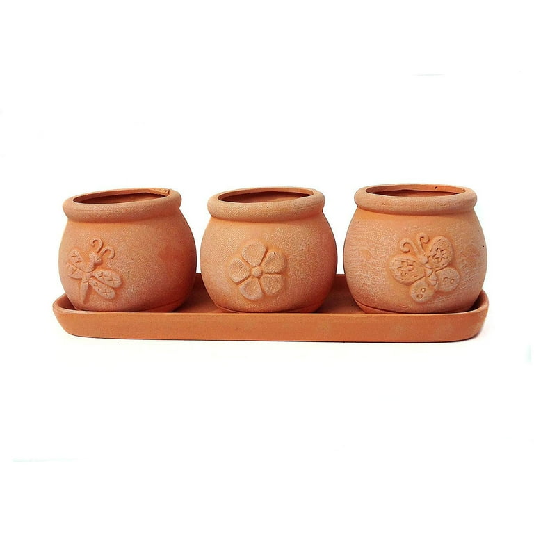Terracotta Set of 3 Small Embossed Earthenware Planters or Herb Pots and Tray, Round shape Terracotta Set of 3 Small Embossed Earthenware Planters or Herb Pots and Tray, Round shape