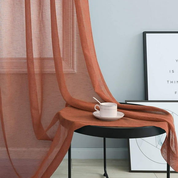 Terracotta Sheer Curtains 38 Inch Wide for Small Window 2 Panel Sets Grommet Elegant Faux Linen Textured Cafe Tier Narrow Curtains for Side Windows Kitchen Door Width 38 x 45 Inch Length Rust