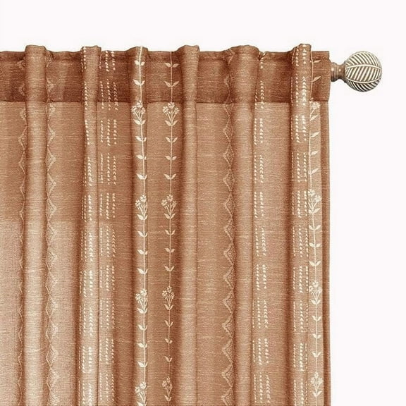 Terracotta Sheer Linen Boho Patterned Curtains 64 Inches Long for Living Room 2 Panel Sets