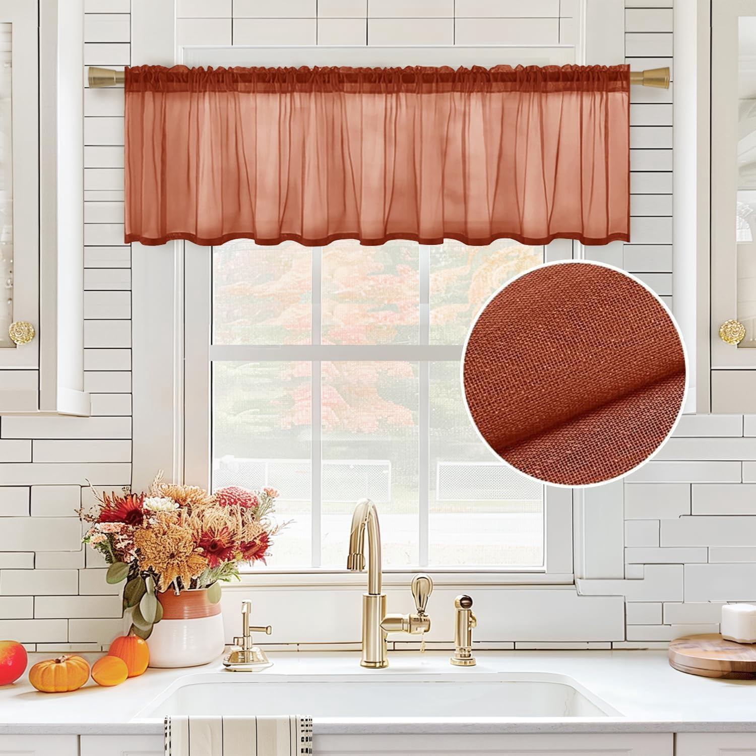 Terracotta Sheer Valance Linen Textured Look Half Window Curtain, Farmhouse Drape for Kitchen Cafe Living Room Rod Pocket Fall Home Decor Valance