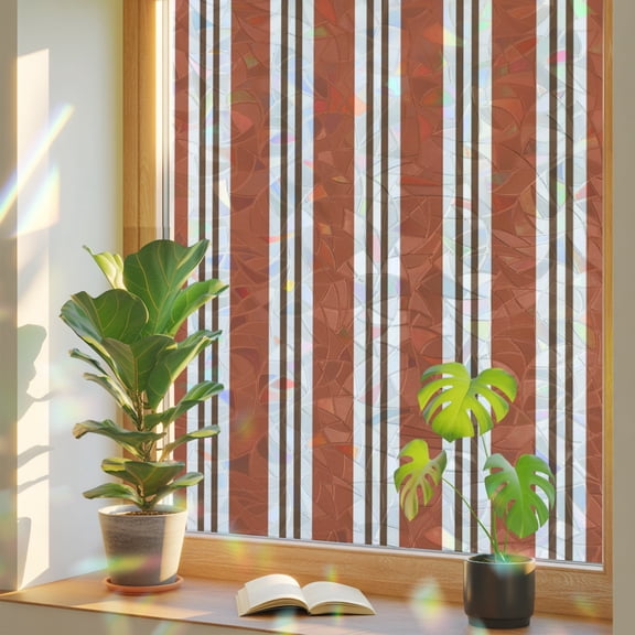 Terracotta Stripes Window Privacy Film, Brown White Lines Industrial Minimalist Modern Stained Glass Rainbow Film Decorative Window Clings, Static Cling Sun Blocking Stickers 23.6" x 59"