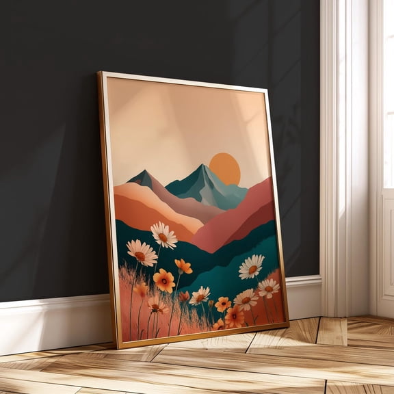 Terracotta Sunset Mountain Boho Daisy Floral Wall Art