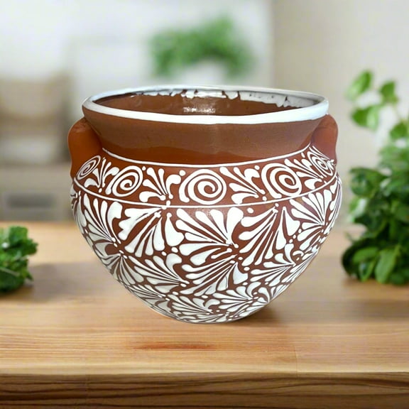 Terracotta Talavera Flower Pot | Brown & White Mexican Planter