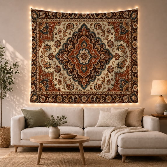Terracotta Teal Floral Medallion in Cream Field, Warm Vintage Illustration for Boho Decor Lovers, Bohemian Wall Art, Housewarming Gift, Tapestry Wall Hanging for Bedroom and Dorm