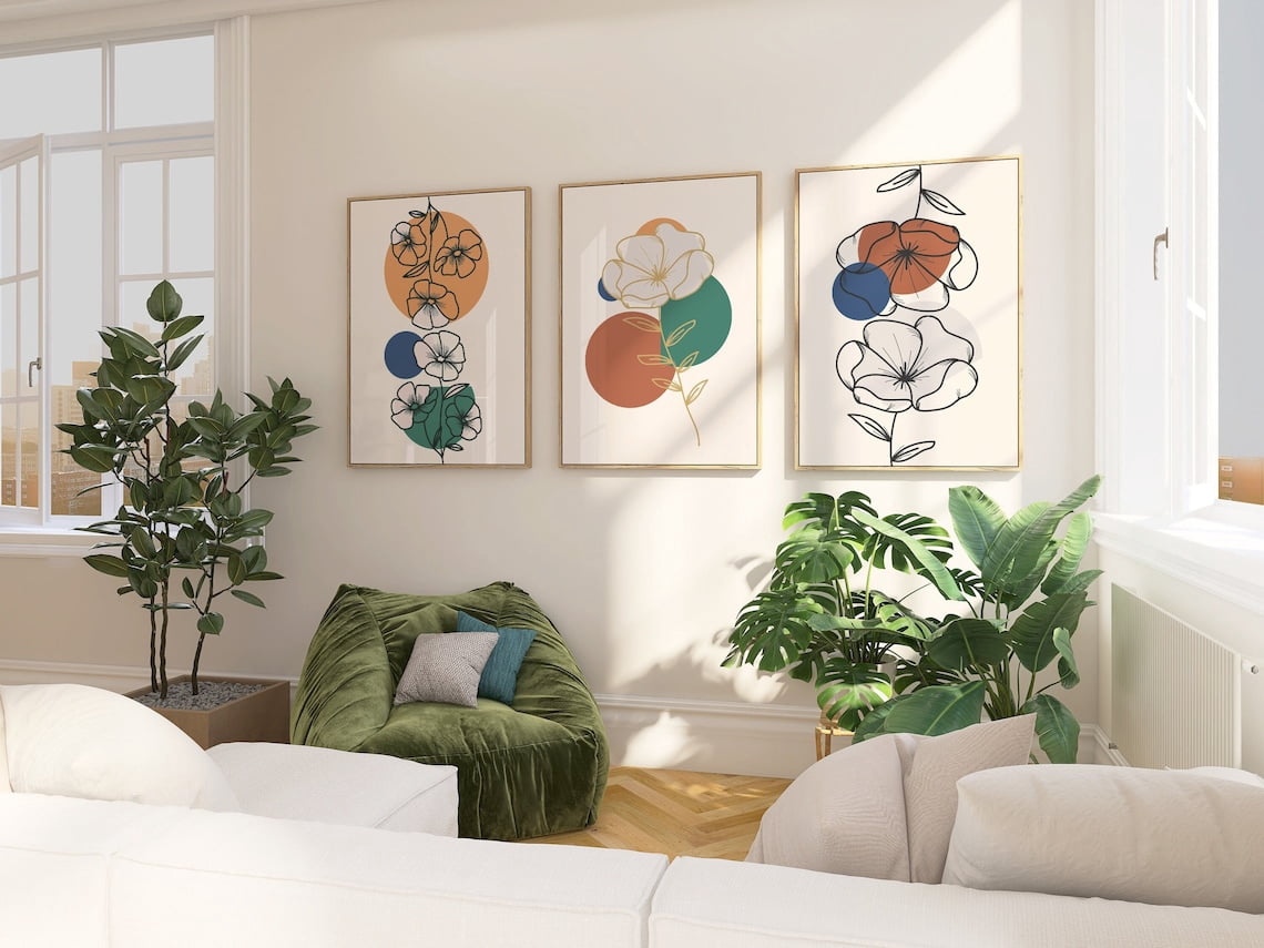 Terracotta Teal Navy Floral Line Wall Art Print Set, Modern Boho Decor ...