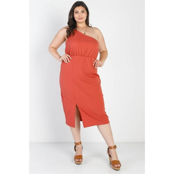 Terracotta Textured One Shoulder Sleeveless Midi Dress