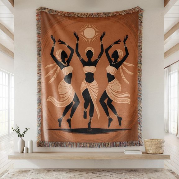 Terracotta Three Dancing Figures and Radiant Sun Woven Blanket, 100% Cotton, Bohemian Wall or Sofa Accent